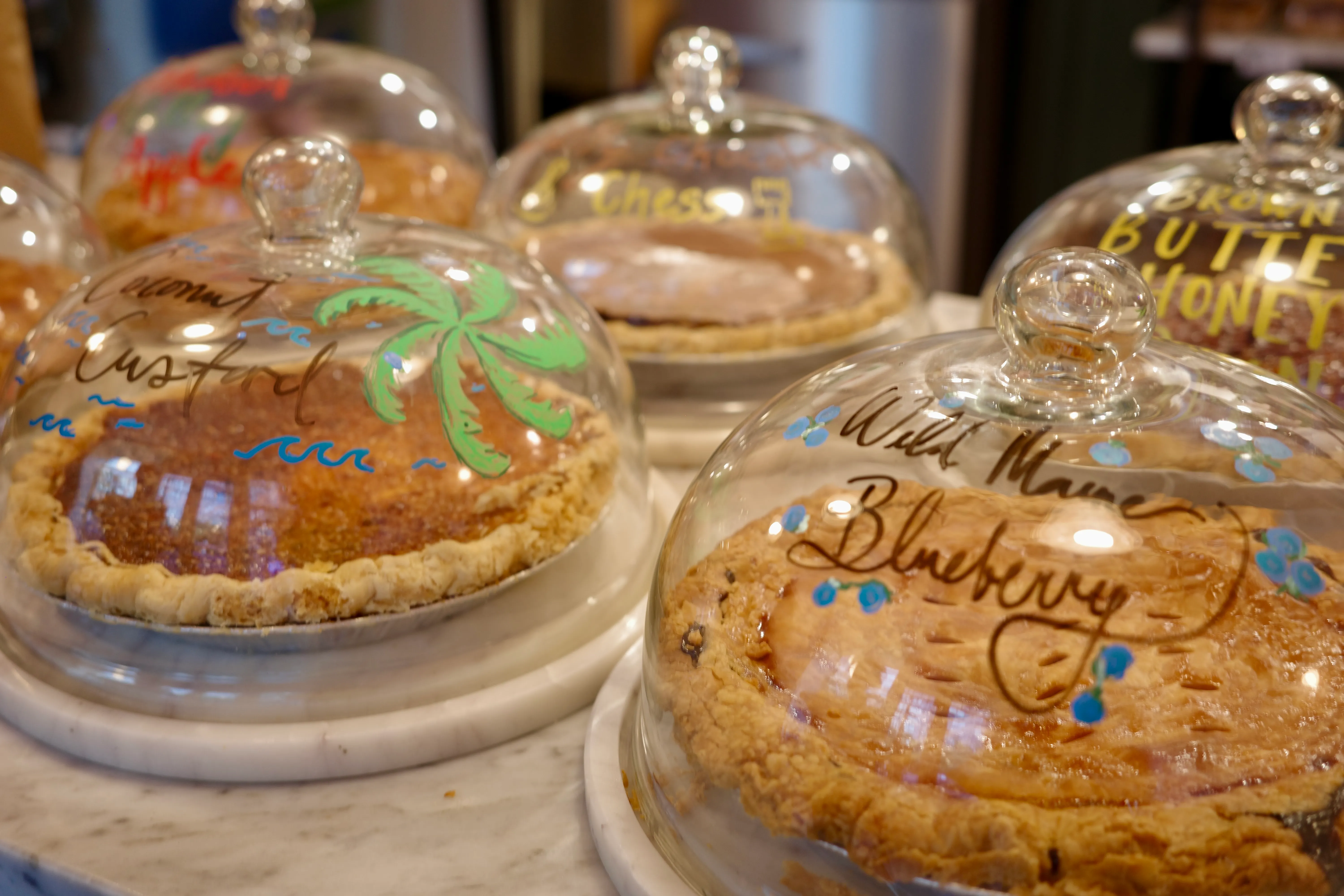 Whole pies under hand-lettered glass cloches in the case — custard with a painted palm tree, chess, wild Maine blueberry, brown butter honey